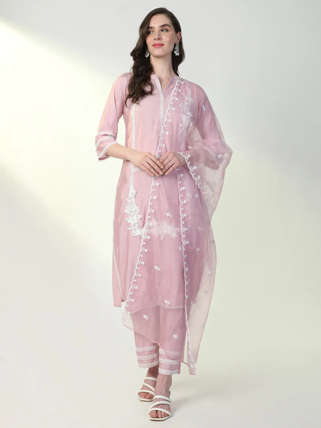 Women Pink Solid Kurta Set with Dupatta