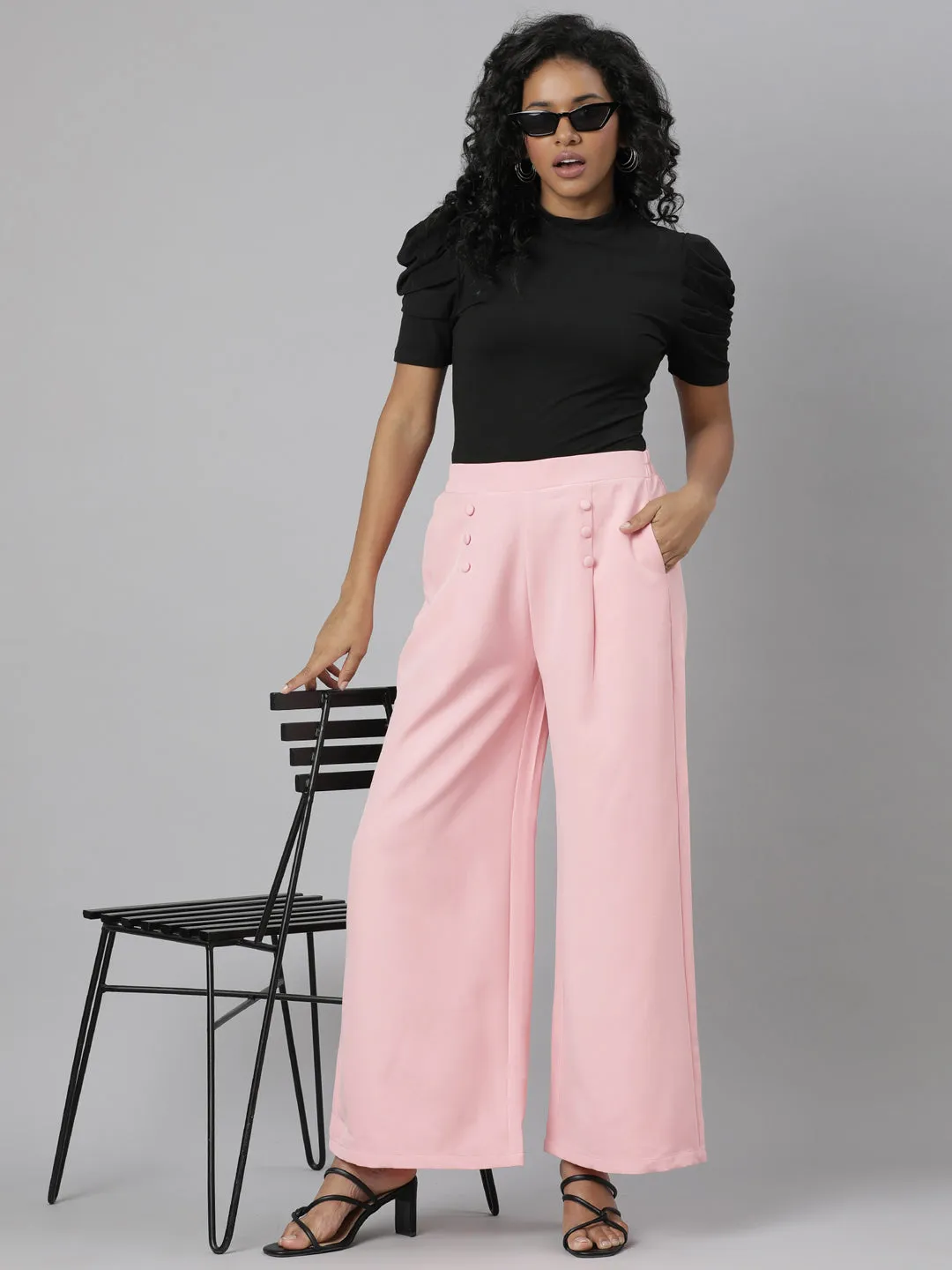 Women Pink Solid Parallel Trousers