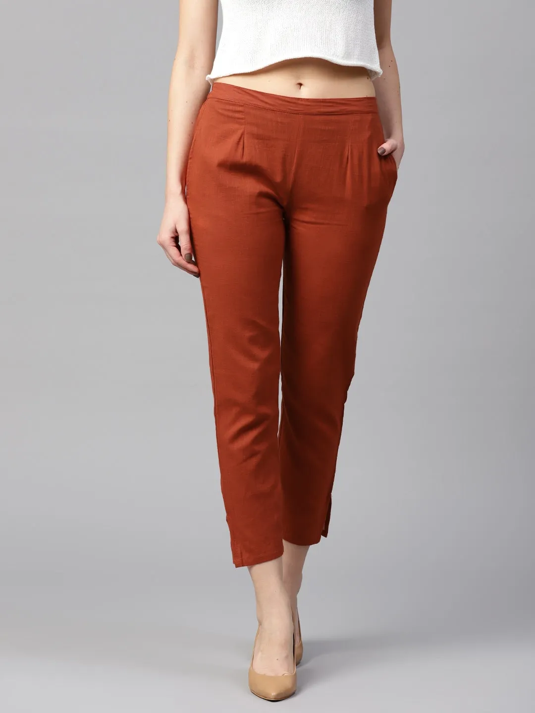 Women Red Solid Trousers