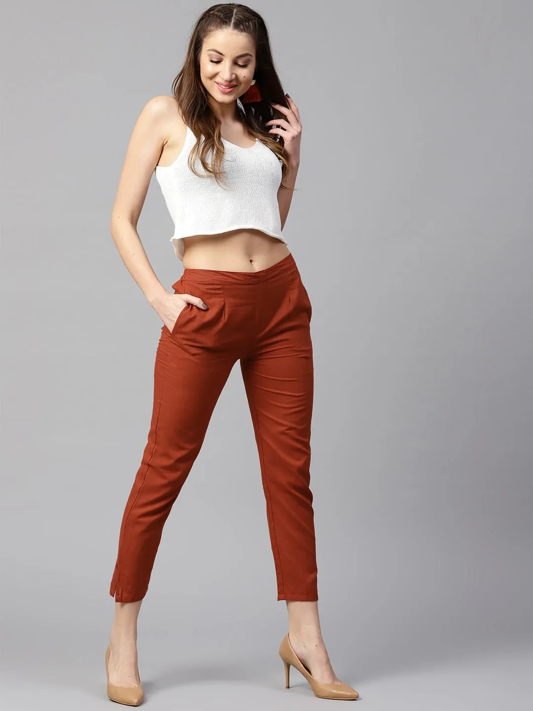 Women Red Solid Trousers