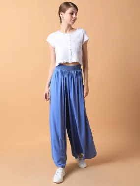 Women Solid Blue Pleated Loose Fit Trouser