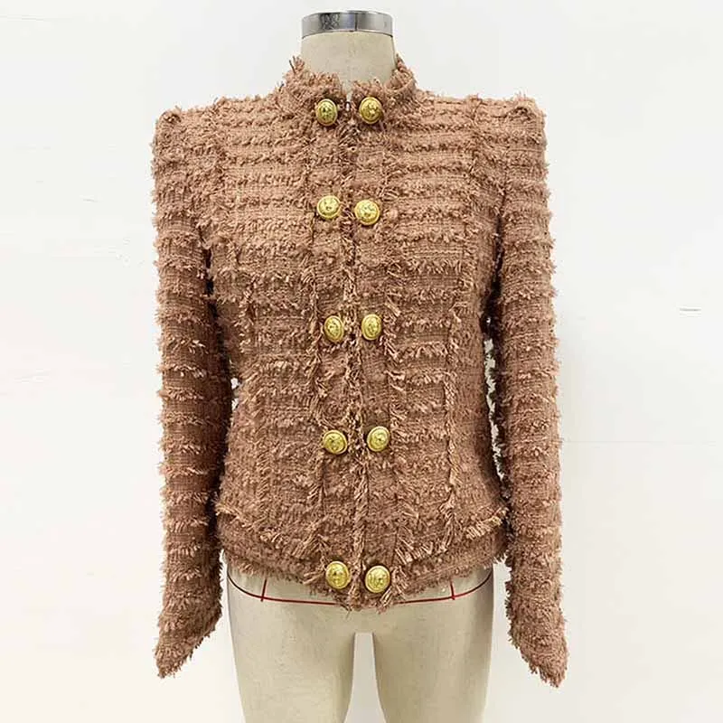 Women Stand Collar Golden Buttons Camel Fringe Tweed Jacket Blazer