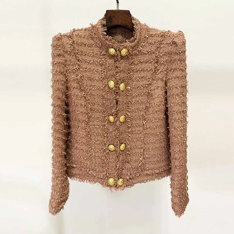 Women Stand Collar Golden Buttons Camel Fringe Tweed Jacket Blazer