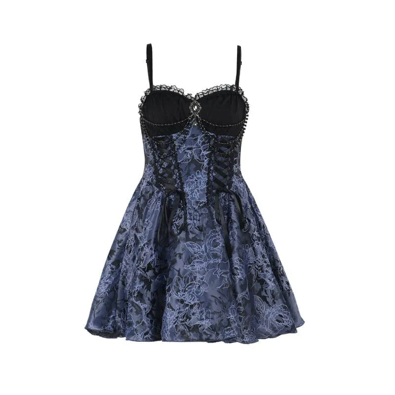 Women's Gothic Floral Lace Slip Dress Black Blue