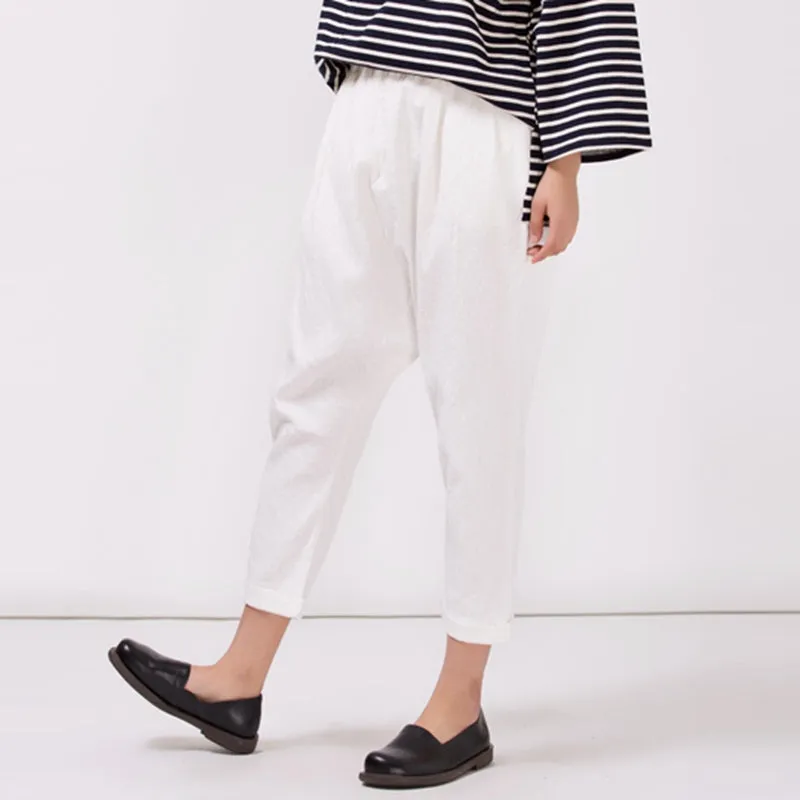 Women's White Cotton Linen Casual Elastic Waist Pants