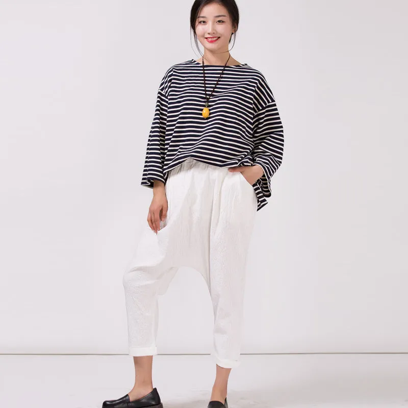 Women's White Cotton Linen Casual Elastic Waist Pants