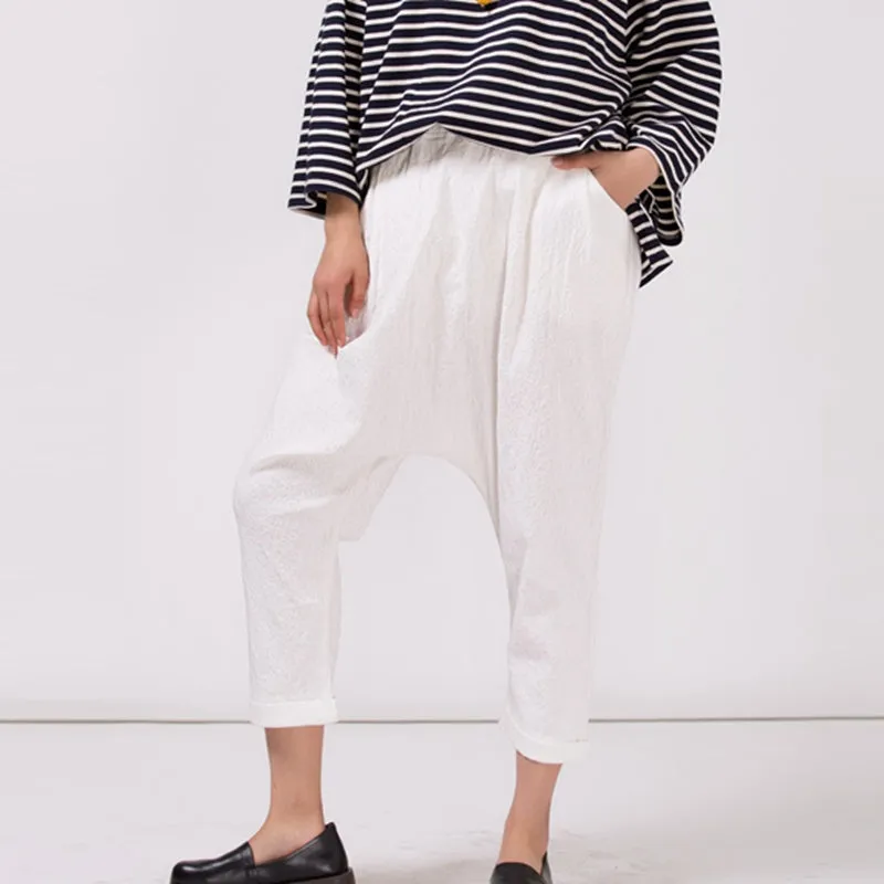 Women's White Cotton Linen Casual Elastic Waist Pants