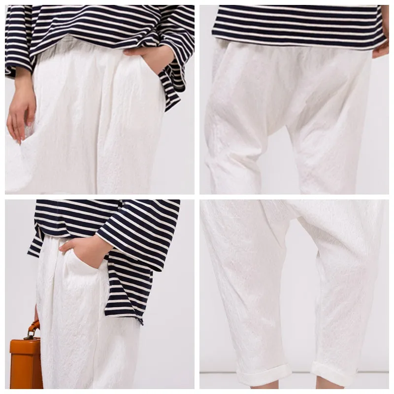 Women's White Cotton Linen Casual Elastic Waist Pants