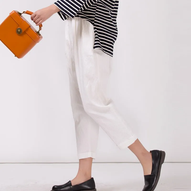 Women's White Cotton Linen Casual Elastic Waist Pants